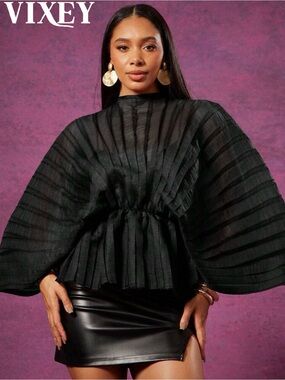 Vix Black Pleated Balloon-Sleeve Top with Gathered Waist